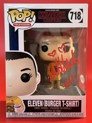 Funko POP! Television Stranger Things Eleven (Burger T-Shirt) Signiert von Millie Bobby Brown mit Authentifizierung + Acrylbox